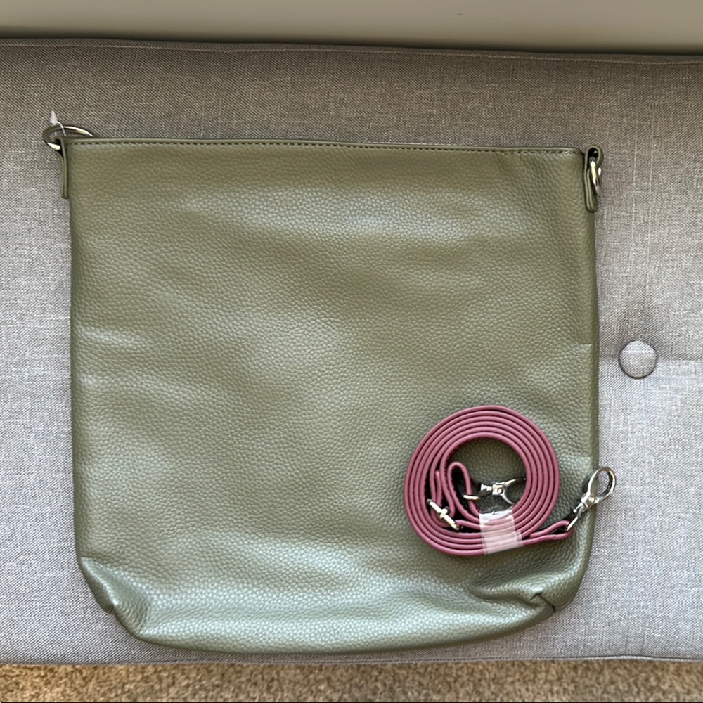 Green Leather Crossbody Bag with Merlot Strap